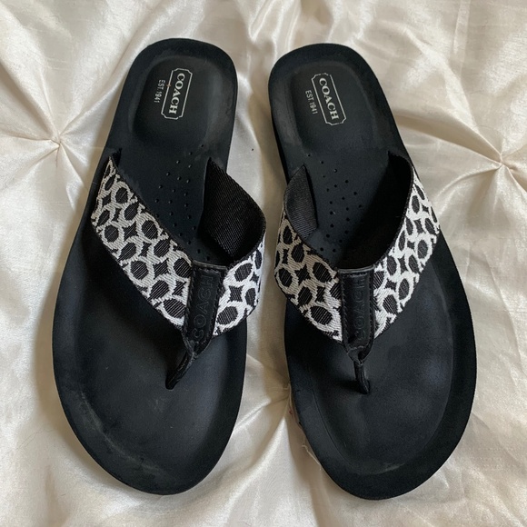 Coach Black/White Logo Print Thong Sandals sz 8.5 - Picture 1 of 7